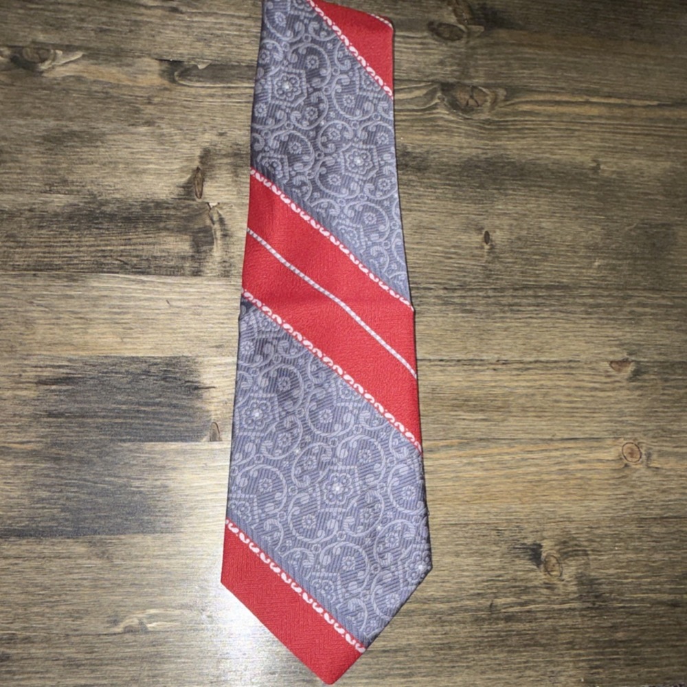 Vintage John Frederics Red Gray Yellow 100% Polyester Neck Tie Pattern